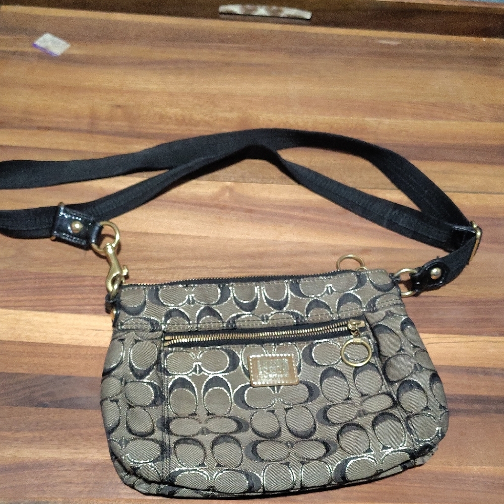 Coach Brown Signature Canvas Crossbody with Black Strap